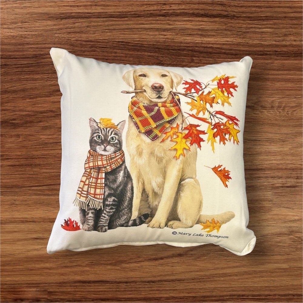 Mary Lake Thompson Yellow Lab & Cat Autumn Leaves Throw Pillow | Finer Things Resale