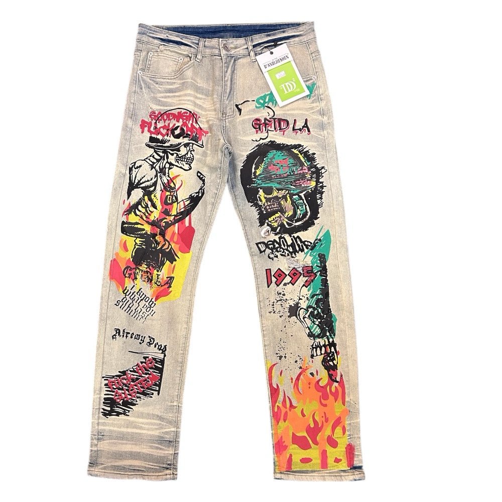 Fashion Skull Punk Rocker Graffiti Distressed Jeans D'Andijieshen SIZE 30 NWT | Finer Things Resale