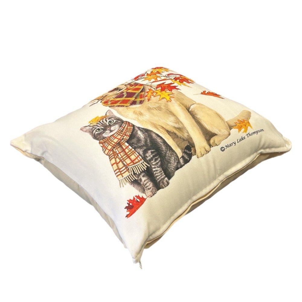 Mary Lake Thompson Yellow Lab & Cat Autumn Leaves Throw Pillow | Finer Things Resale