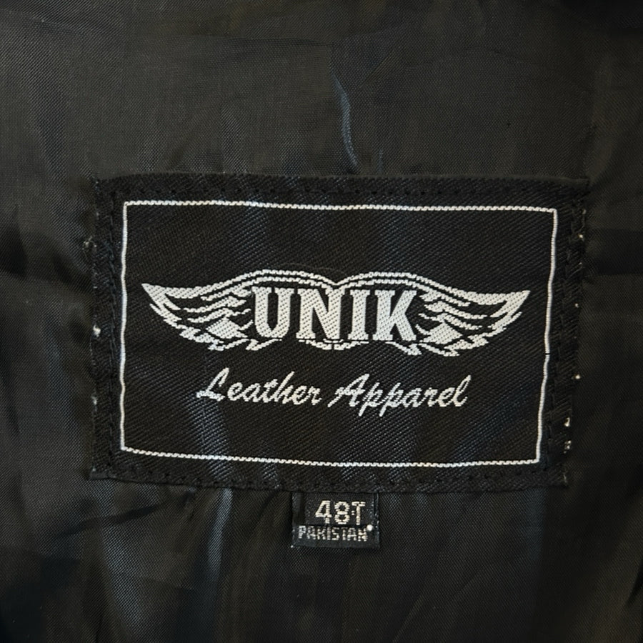 UNIK Leather Black Motorcycle Vest Lace Up Side Eagle Flag Ride Free MENS 48T | Finer Things Resale