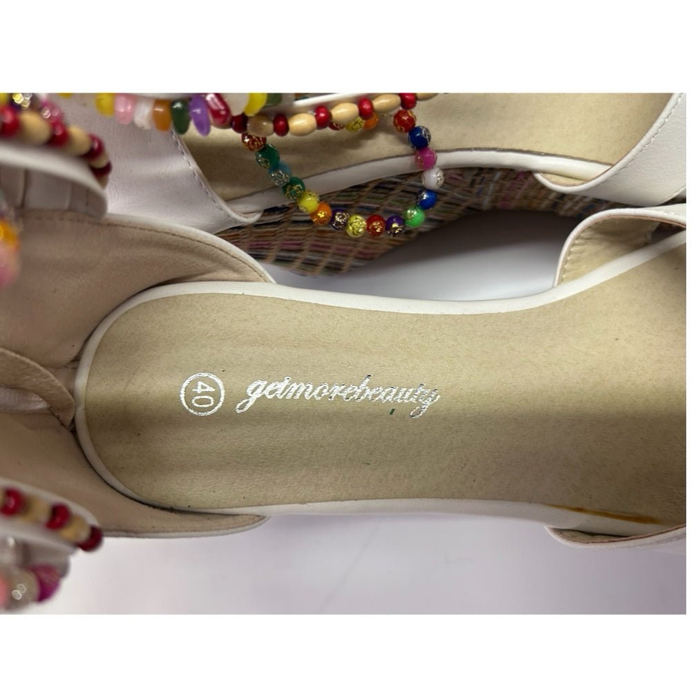 getmorebeauty woven wedge heel sandals beaded ankle straps size 9