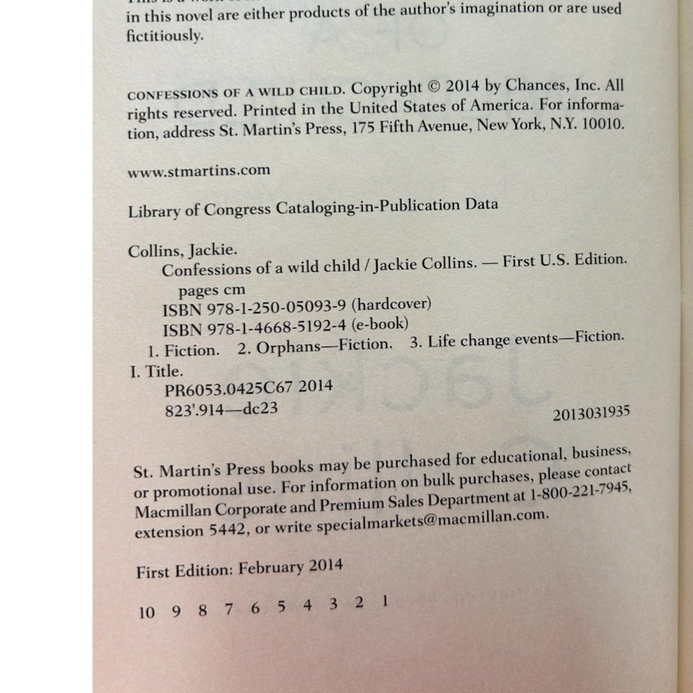 Confessions of a Wild Child Jackie Collins Hardback with DJ 1st Edition | Finer Things Resale