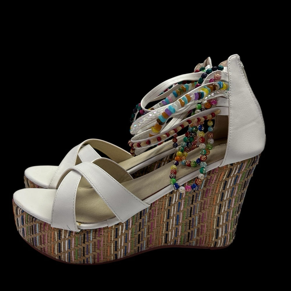 Getmorebeauty Woven Wedge Heel Sandals Beaded Ankle Straps SIZE 9