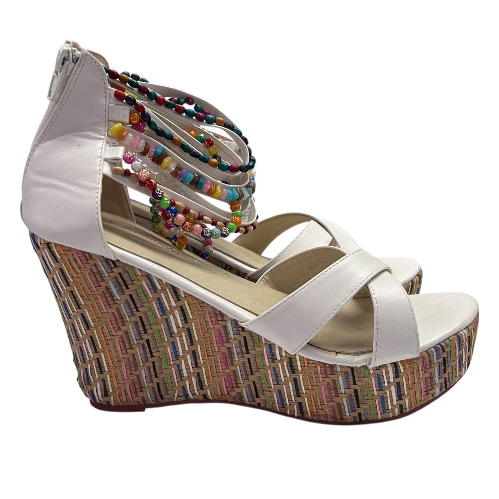 getmorebeauty woven wedge heel sandals beaded ankle straps size 9