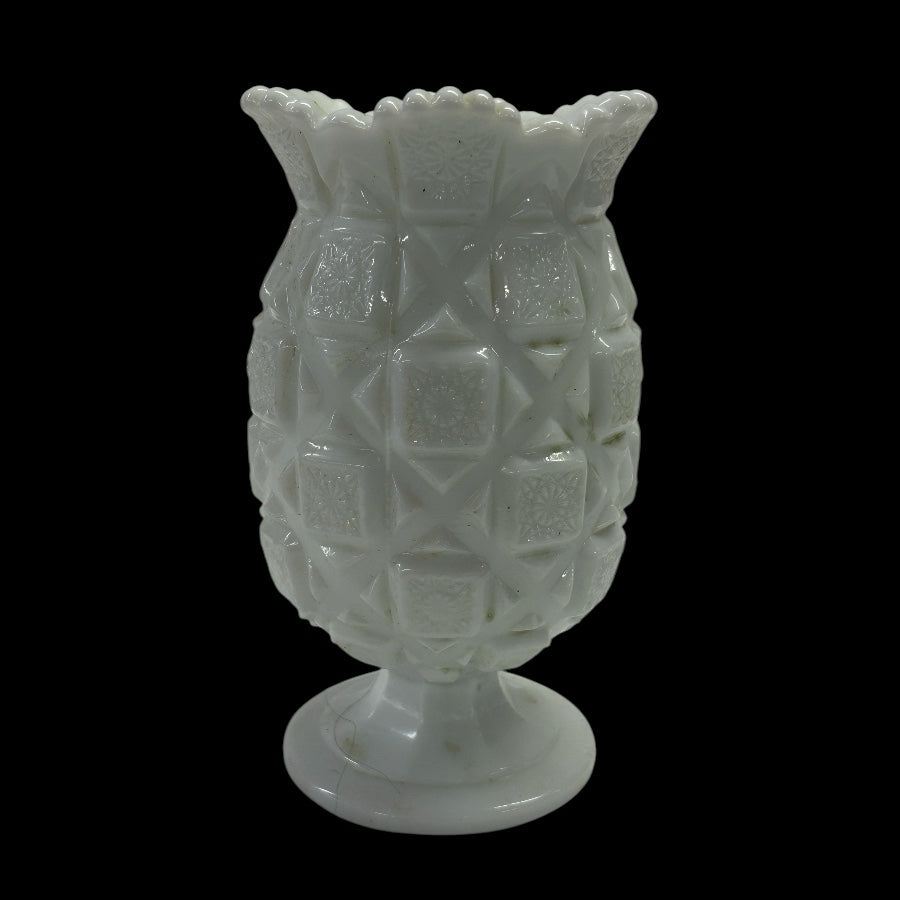 Westmoreland Old Quilt Milk Glass Celery Ruffle Footed Vase Mid-Century VINTAGE | Finer Things Resale