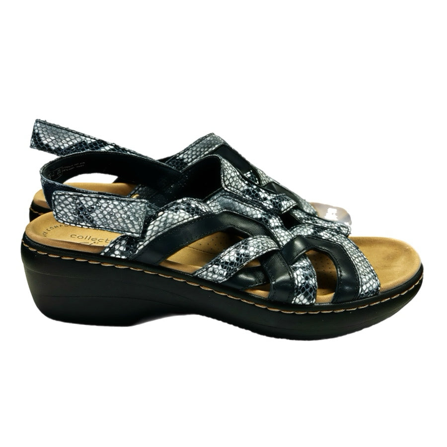 Clarks Leisa Lakelyn Black Snakeskin Comfort Wedge Sandals SIZE 7.5 | Finer Things Resale