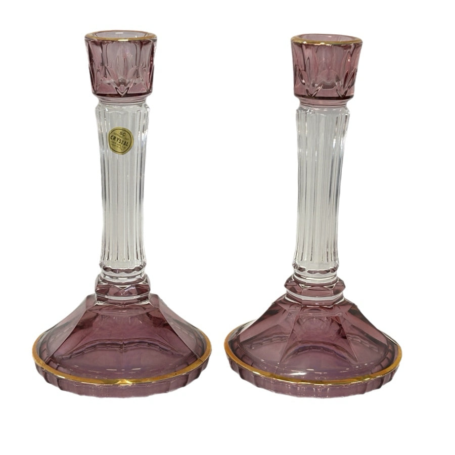 Vintage SC Crystal Italy Amethyst Lead Crystal Candlesticks Gold Trim Pair 8.5"