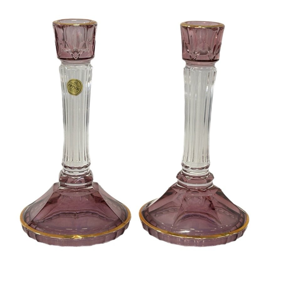Vintage SC Crystal Italy Amethyst Lead Crystal Candlesticks Gold Trim Pair 8.5" | Finer Things Resale