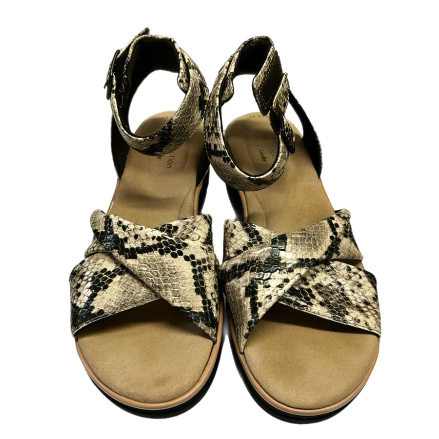 Clarks Jillian Bella Taupe Snake Comfort Wedge Sandals SIZE 7.5 | Finer Things Resale