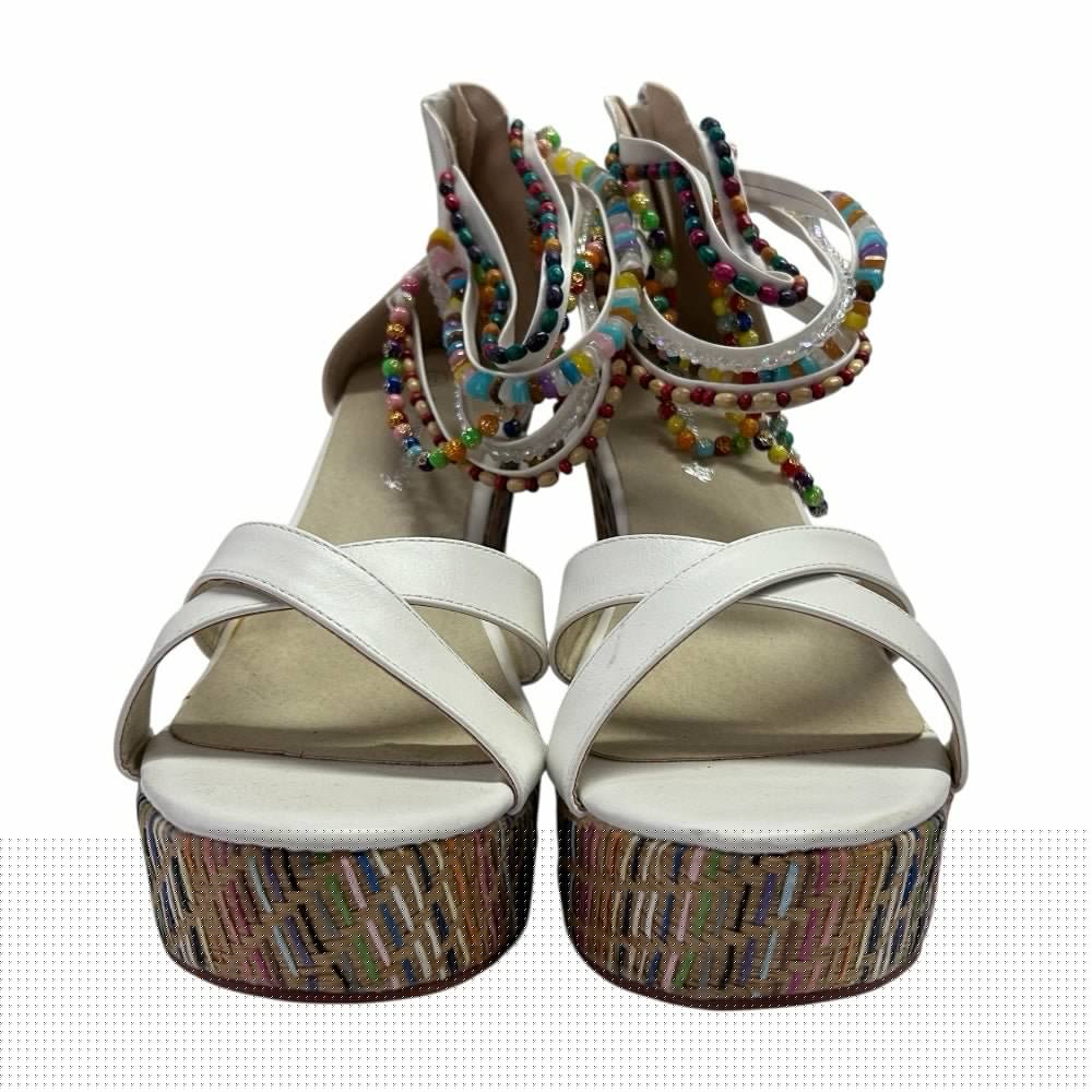 Getmorebeauty Woven Wedge Heel Sandals Beaded Ankle Straps SIZE 9 | Finer Things Resale