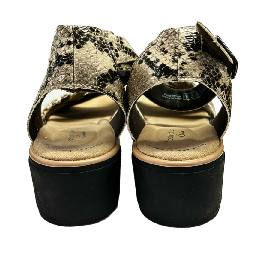 Clarks Jillian Bella Taupe Snake Comfort Wedge Sandals SIZE 7.5 | Finer Things Resale