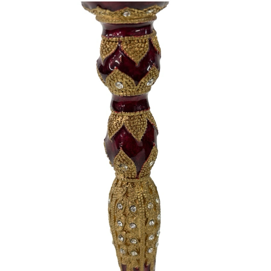 Vintage Red Enamel Jeweled Rhinestone Gold Tone Candlestick Holder6"