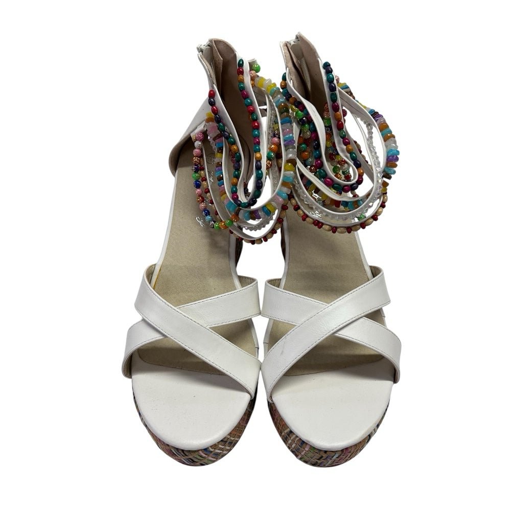 Getmorebeauty Woven Wedge Heel Sandals Beaded Ankle Straps SIZE 9 | Finer Things Resale