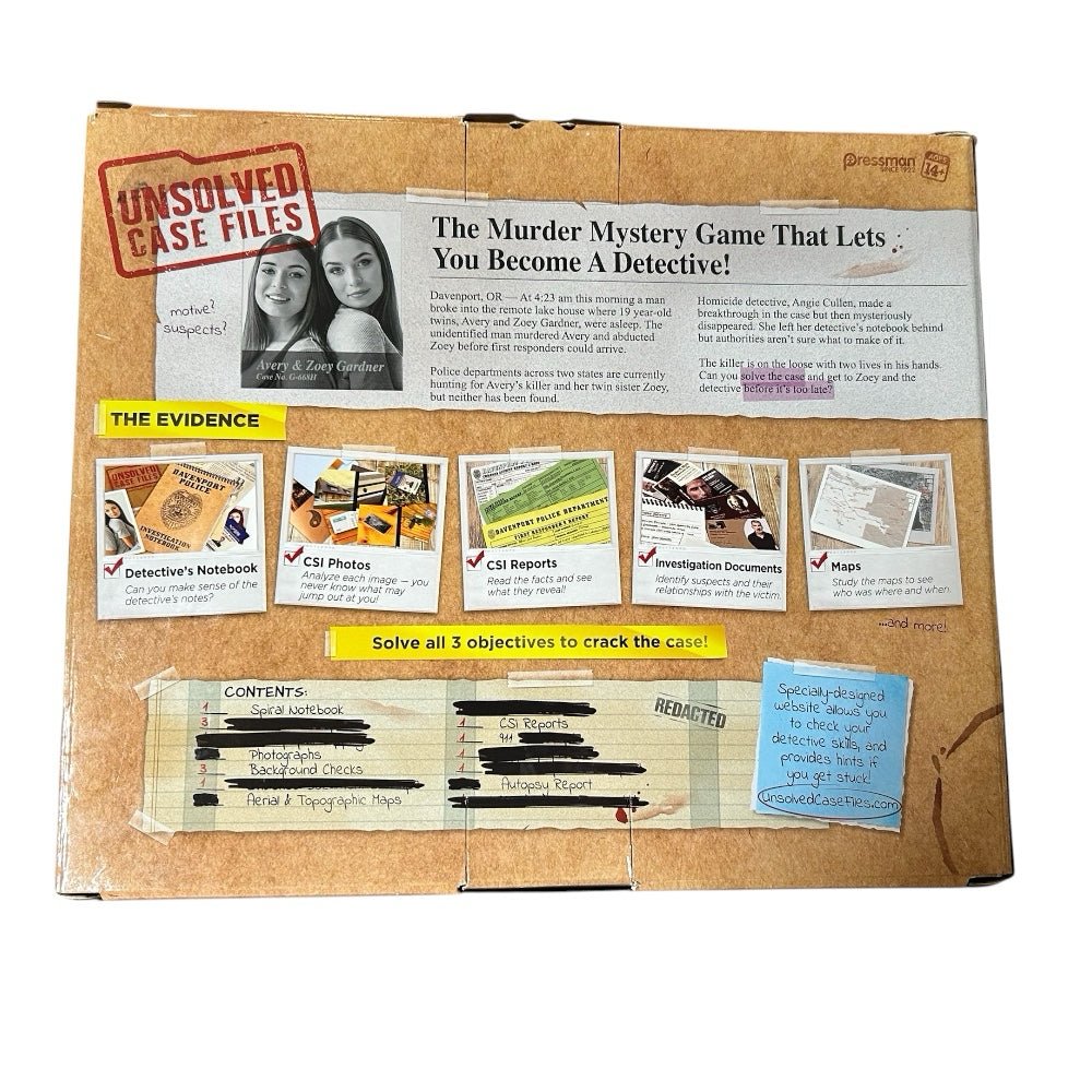 Unsolved Case Files Avery & Zoey Gardner Case Game Pressman | Finer Things Resale