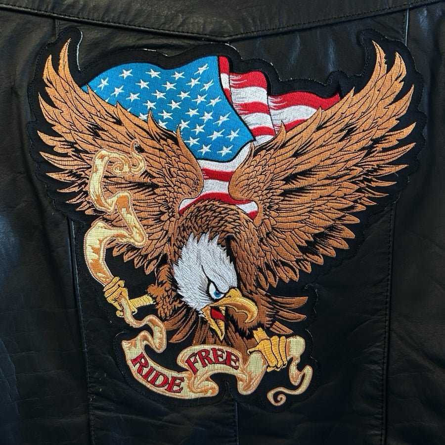 UNIK Leather Black Motorcycle Vest Lace Up Side Eagle Flag Ride Free MENS 48T | Finer Things Resale