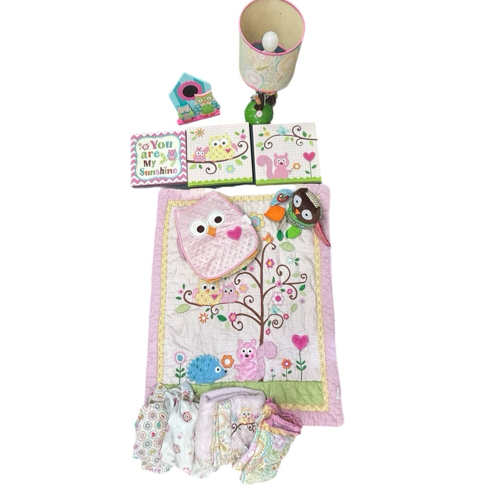 Kidsline Dena Happy Owl Nursery Bedding Set 12 pieces OWL print includes lamp | Finer Things Resale