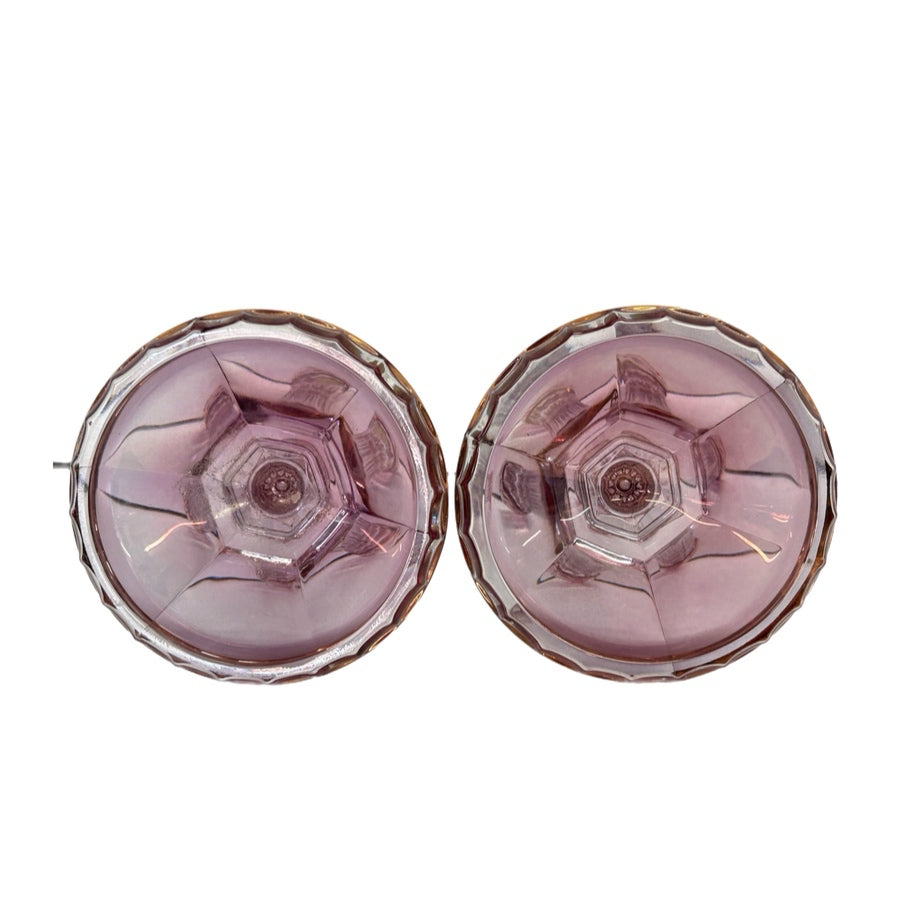Vintage SC Crystal Italy Amethyst Lead Crystal Candlesticks Gold Trim Pair 8.5"
