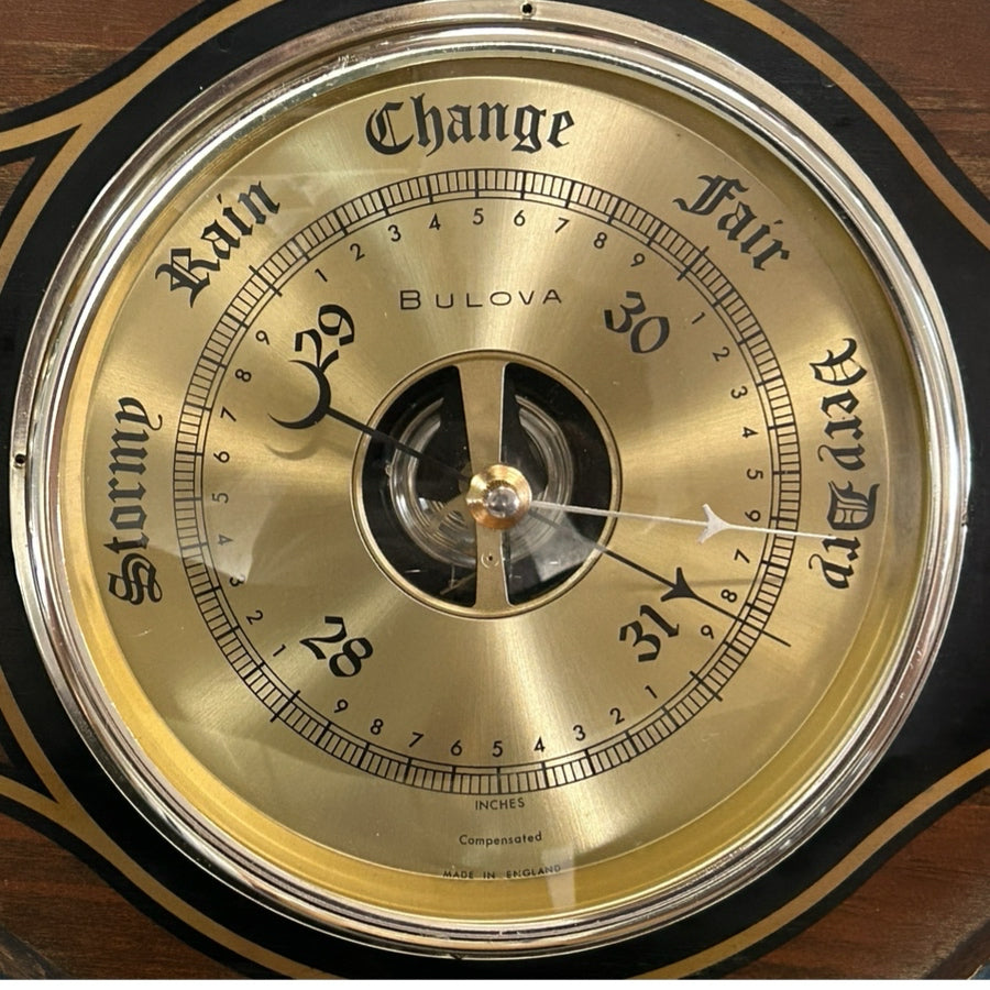 Vintage Bulova Quartz Wall Clock Barometer Wood Brass England PARTS OR REPAIR