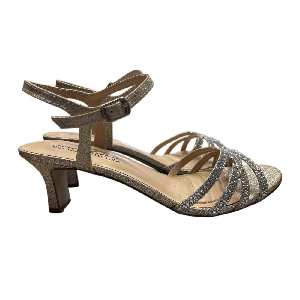 American Glamour Badgley Mischka Vera Gold Glitter High Heel Sandal Shoes SIZE 8 M | Finer Things Resale