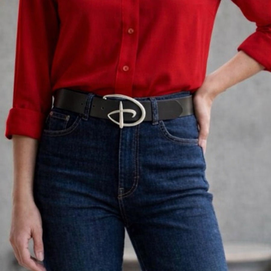 Disney Buckle Down Signature "D" Belt Black Wide Silver Buckle Vegan Leather | Finer Things Resale
