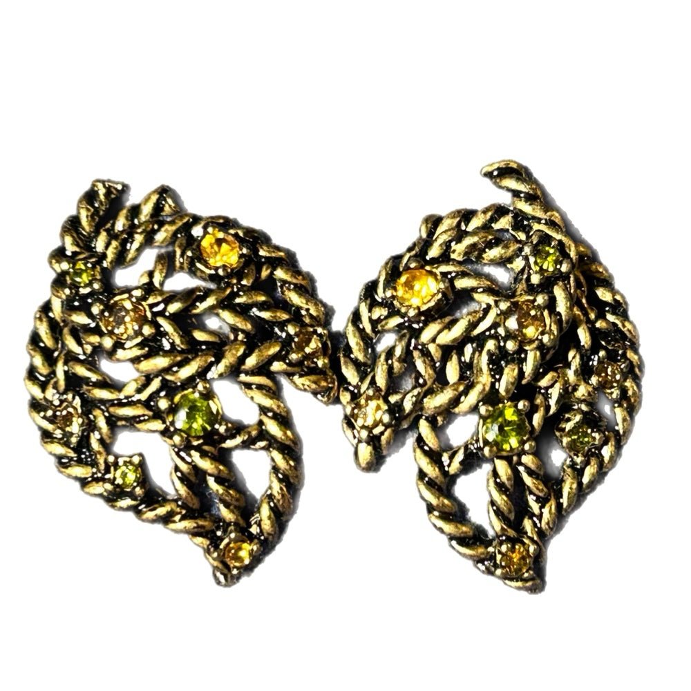avon rhinestone accent leaf pierced earrings