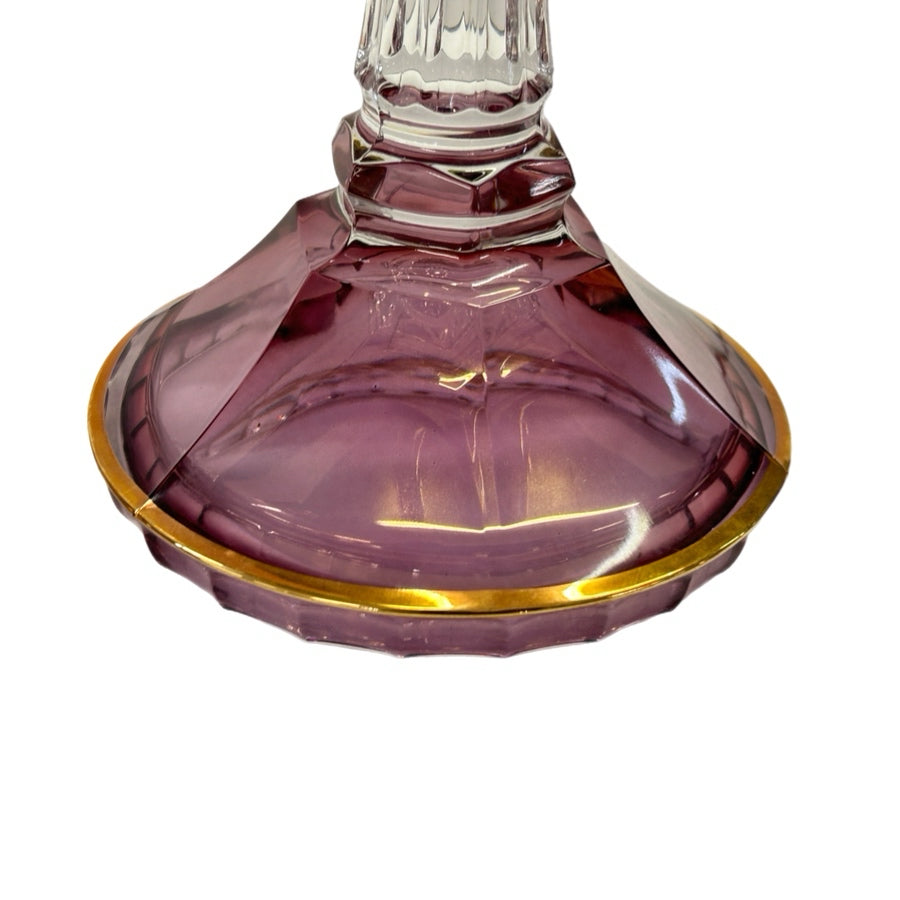 Vintage SC Crystal Italy Amethyst Lead Crystal Candlesticks Gold Trim Pair 8.5"