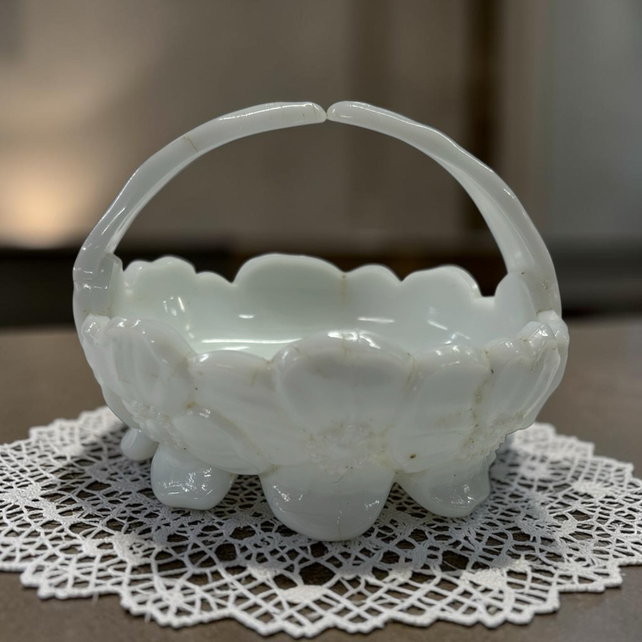 Westmoreland Dogwood Milk Glass Candy Dish Basket with Handle Mid Century VINTAG | Finer Things Resale