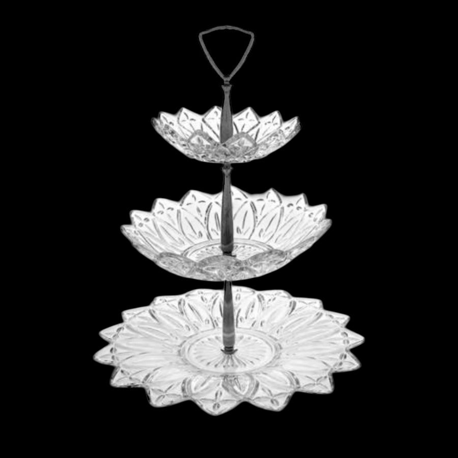 Federal Glass Petal Pattern 3 Tier Tray Daisy Dessert Stand Lou Glazer Style | Finer Things Resale
