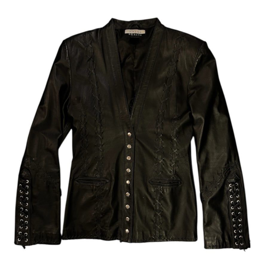 Wayne Rogers Black Genuine Leather Jacket Womens M Lace Up Corset Western Y2K