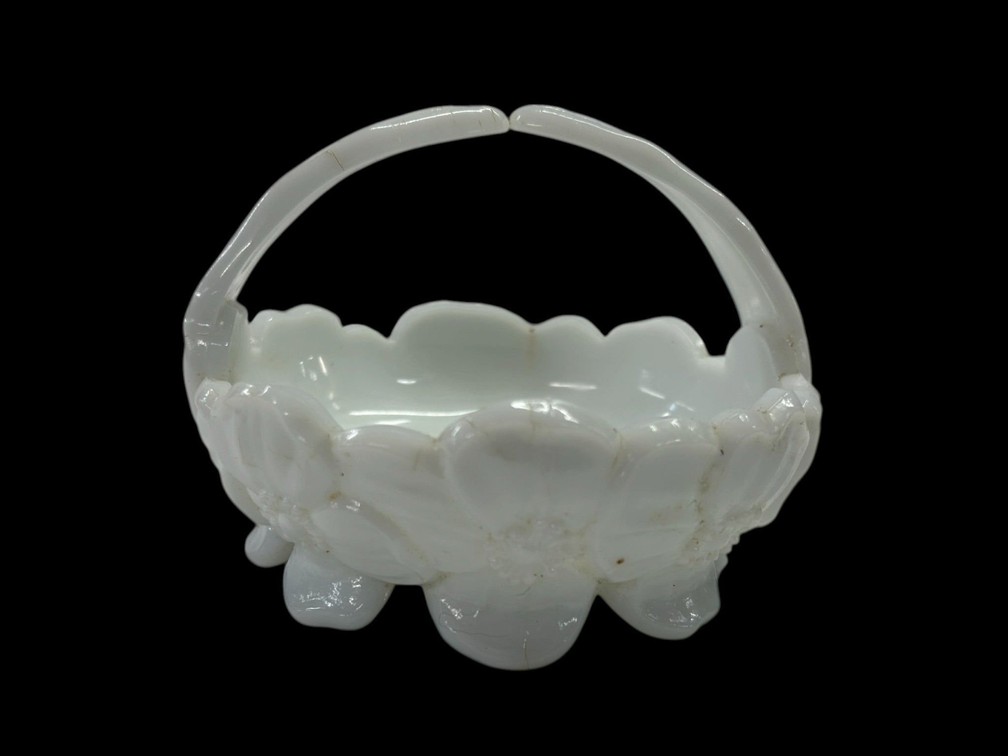 Westmoreland Dogwood Milk Glass Candy Dish Basket with Handle Mid Century VINTAG | Finer Things Resale