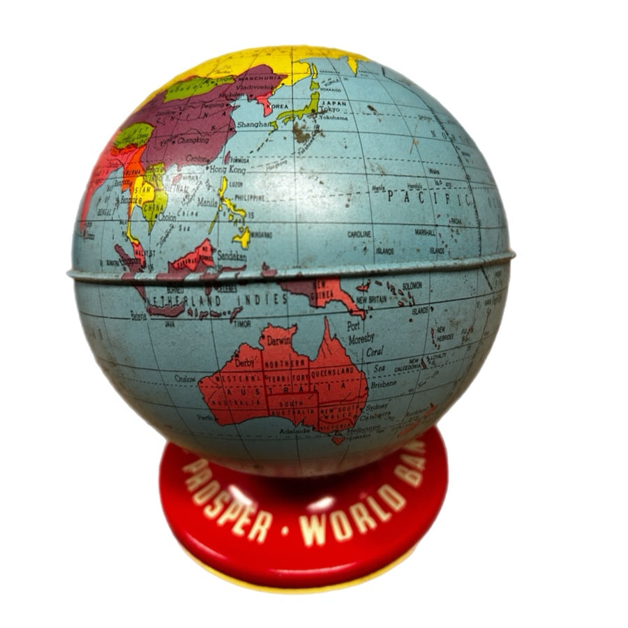 Ohio Art Company Tin Litho World Globe Coin Bank So You Prosper 1940's Pre-WWII | Finer Things Resale