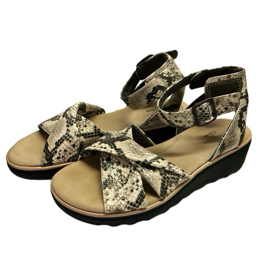 Clarks Jillian Bella Taupe Snake Comfort Wedge Sandals SIZE 7.5 | Finer Things Resale