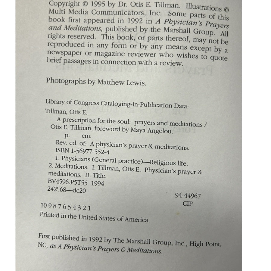 A Prescription for the Soul Prayers & Meditations HB Dr Otis Tillman SIGNED | Finer Things Resale