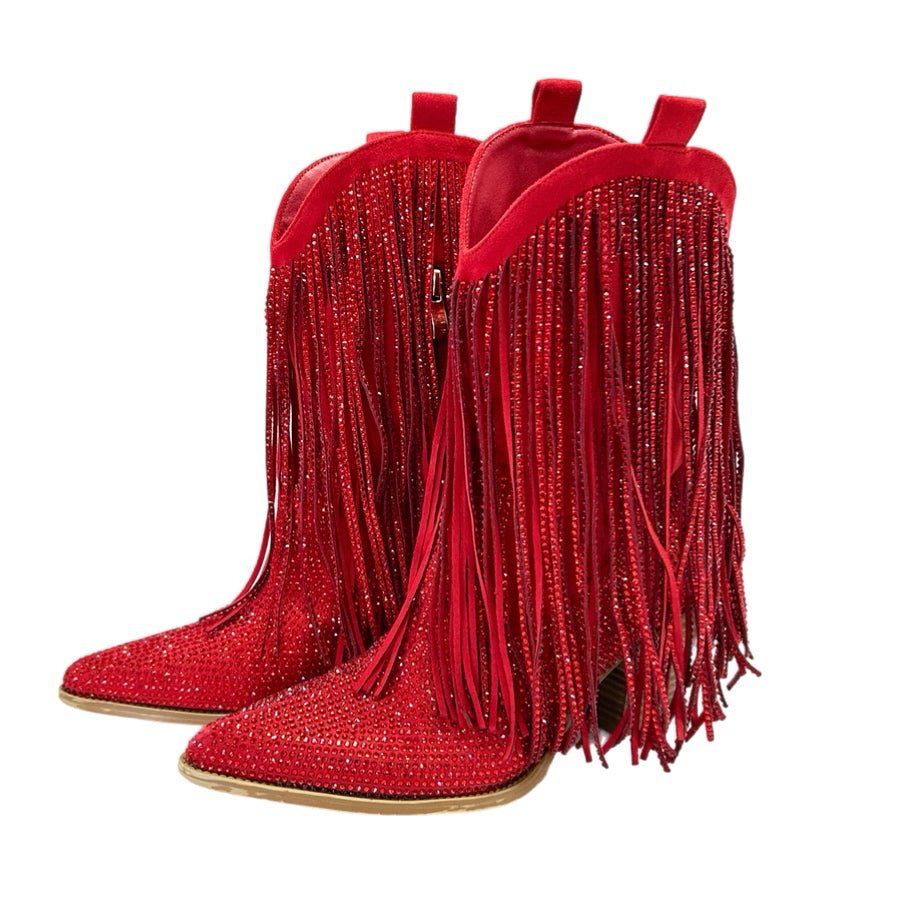 Ouepiana Red Fringe Rhinestone Western Cowboy Fringe Fashion Boots SIZE 7.5 | Finer Things Resale