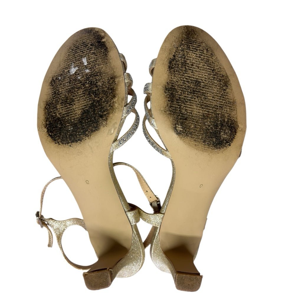 American Glamour Badgley Mischka Vera Gold Glitter High Heel Sandal Shoes SIZE 8 M | Finer Things Resale