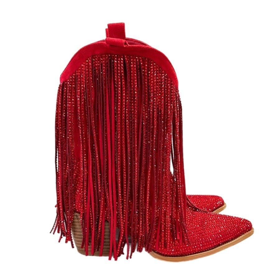 Ouepiana Red Fringe Rhinestone Western Cowboy Fringe Fashion Boots SIZE 7.5 | Finer Things Resale
