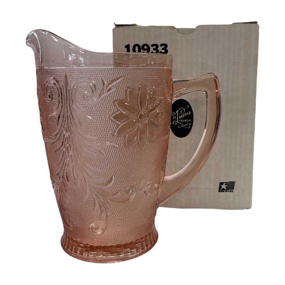 Tiara Peach Pink Sandwich Glass Pitcher 64oz with original box sticker VINTAGE | Finer Things Resale