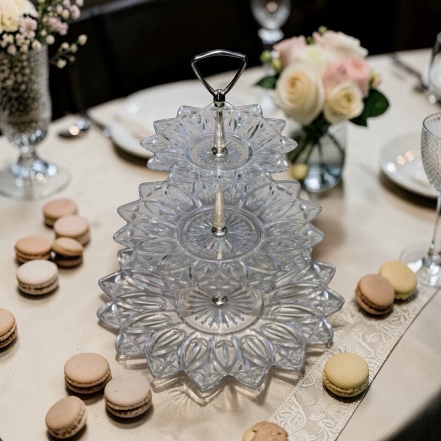 Federal Glass Petal Pattern 3 Tier Tray Daisy Dessert Stand Lou Glazer Style | Finer Things Resale