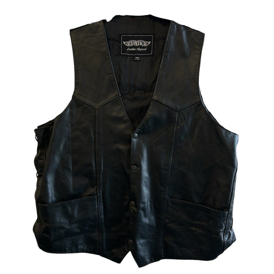 UNIK Leather Black Motorcycle Vest Lace Up Side Eagle Flag Ride Free MENS 48T | Finer Things Resale