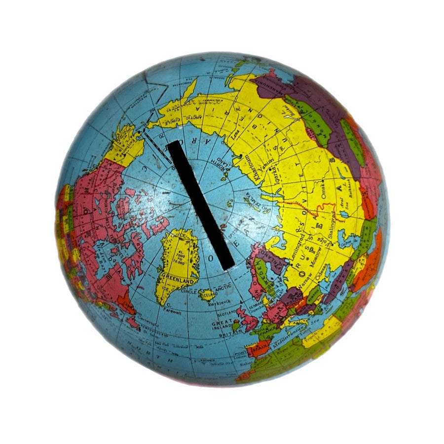 Ohio Art Company Tin Litho World Globe Coin Bank So You Prosper 1940's Pre-WWII | Finer Things Resale