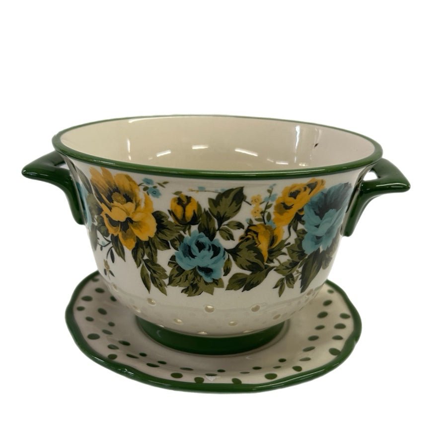 Pioneer Woman Rose Shadow Ceramic Colander Strainer with Drip Plate | Finer Things Resale