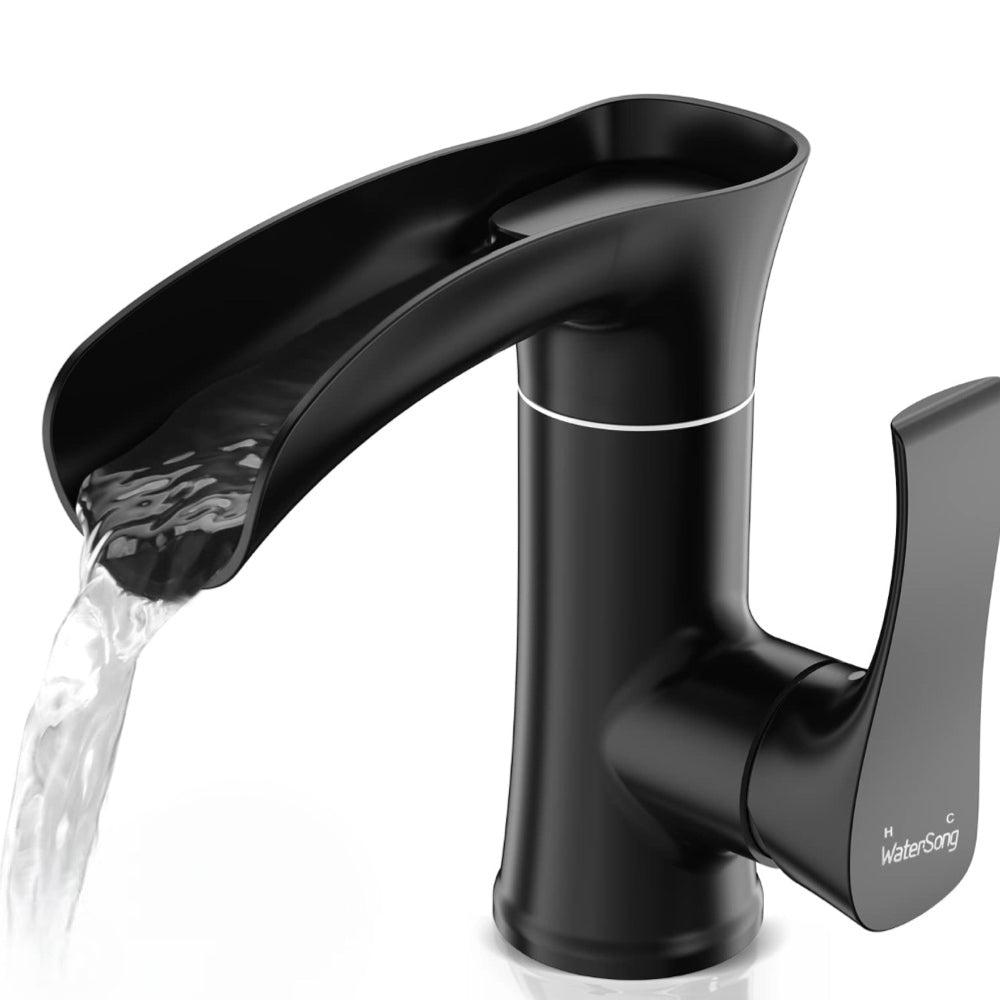 WaterSong Single Handle Bathroom Basin Faucet waterfall spout Matte Black NEW! | Finer Things Resale
