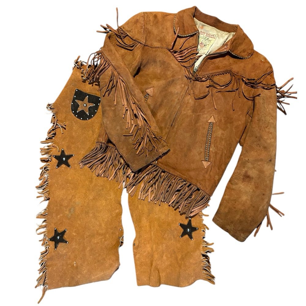 roy rogers cowboy western leather jacket & chaps youth size vintage 1950'