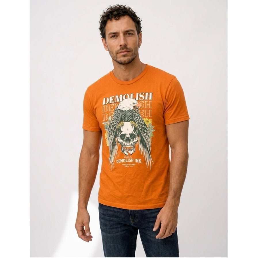 Demolish Ink Miami Tattoo Graphic T-Shirt Orange Eagle Skull MENS SMALL | Finer Things Resale