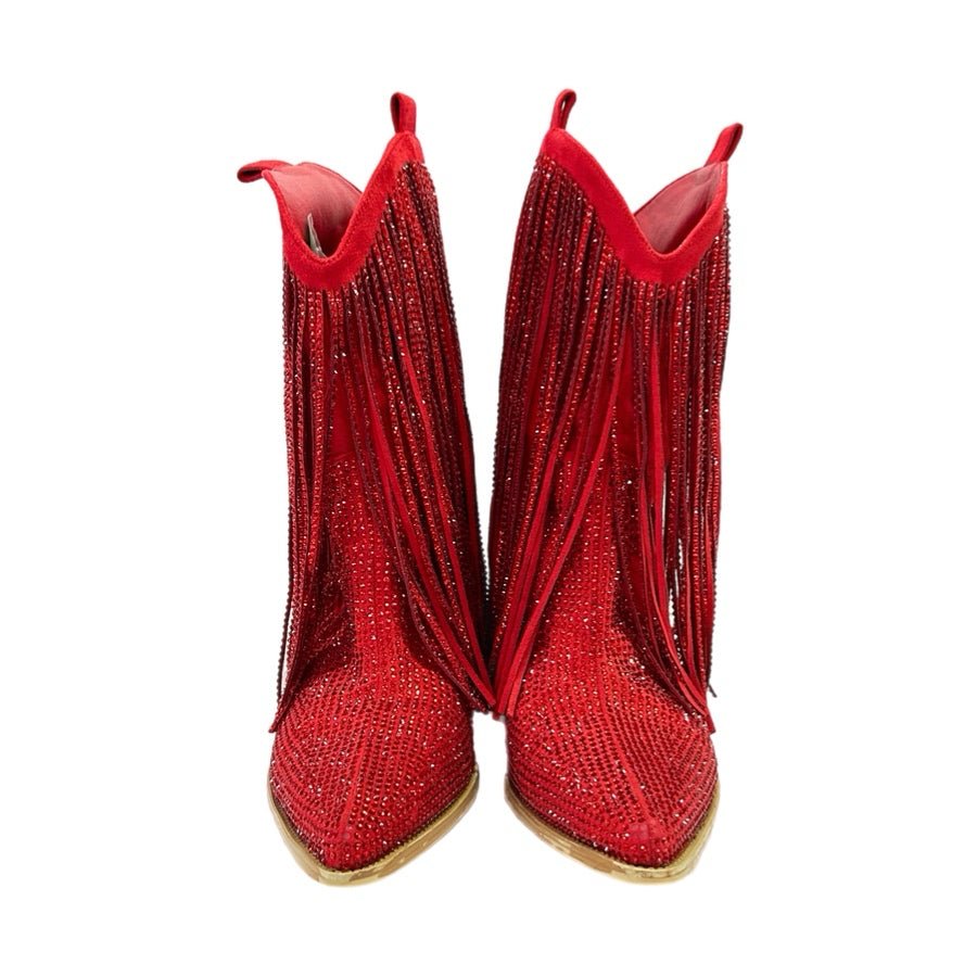 Ouepiana Red Fringe Rhinestone Western Cowboy Fringe Fashion Boots SIZE 7.5 | Finer Things Resale