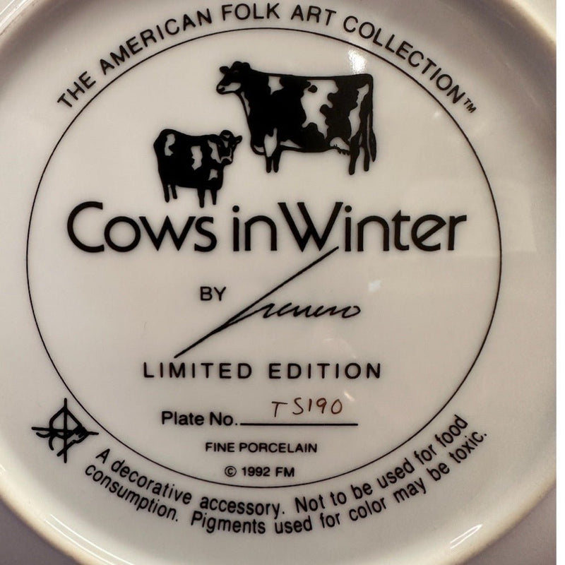Franklin Mint American Folk Art Collection Cows in Winter  plate 1992 Herrero | Finer Things Resale