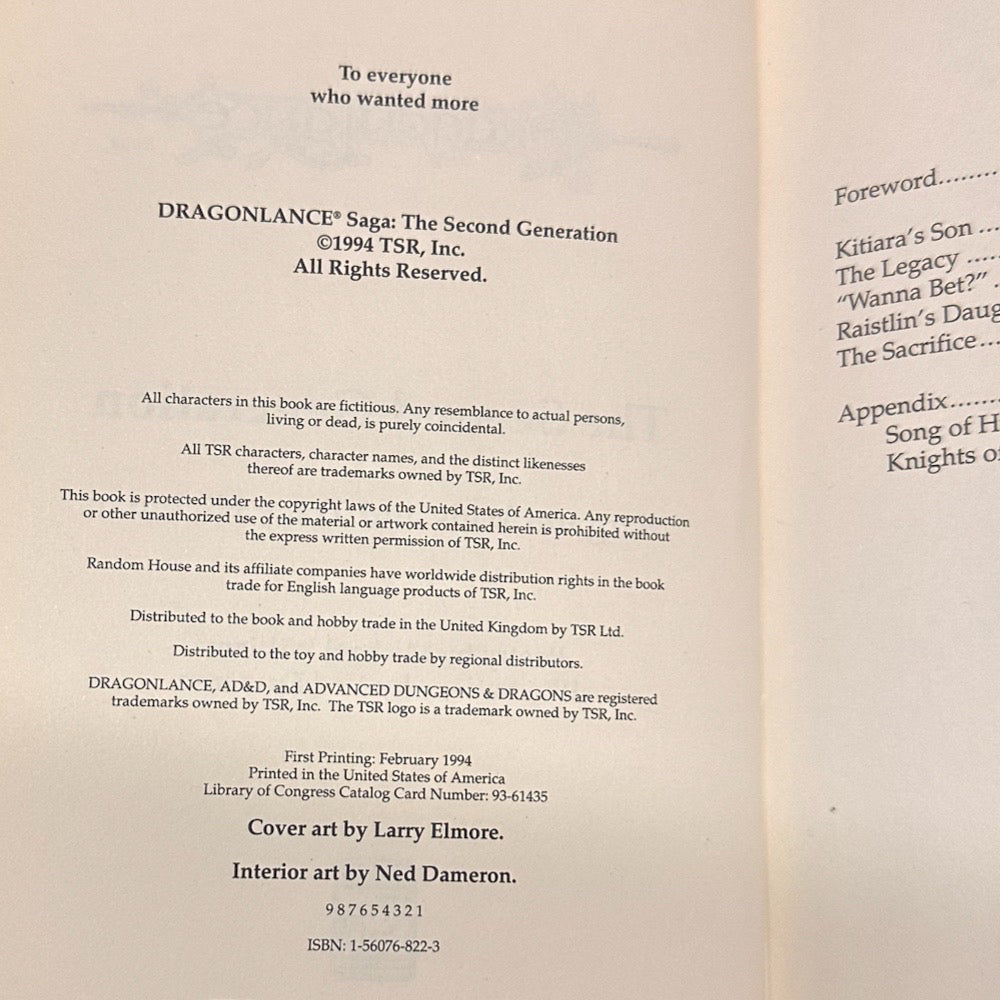 The Second Generation Dragon Lance Hardback DJ 1st Print Edition 1994 | Finer Things Resale