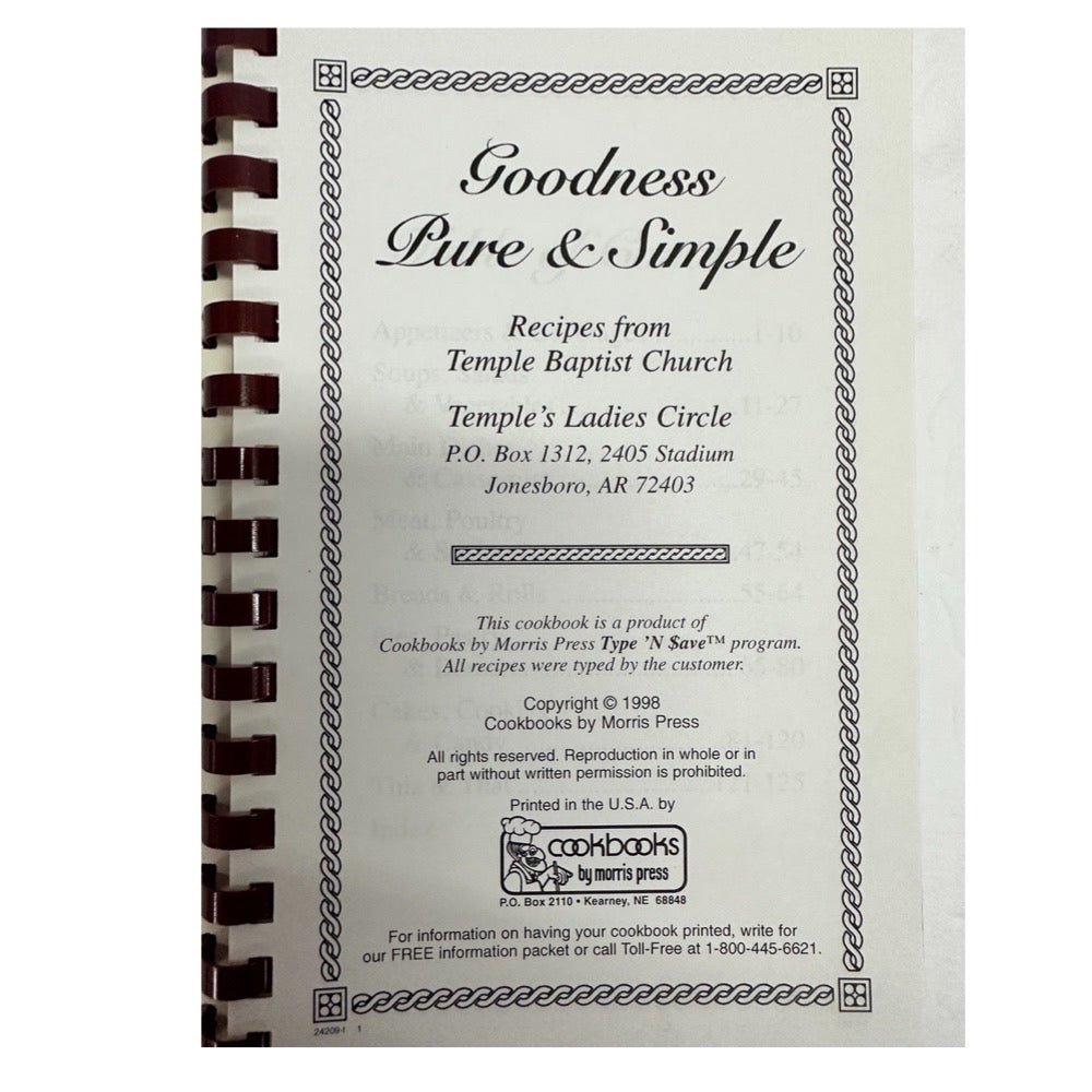 Goodness Pure & Simple Recipes from Temple Baptist Church AR VINTAGE 1998 | Finer Things Resale