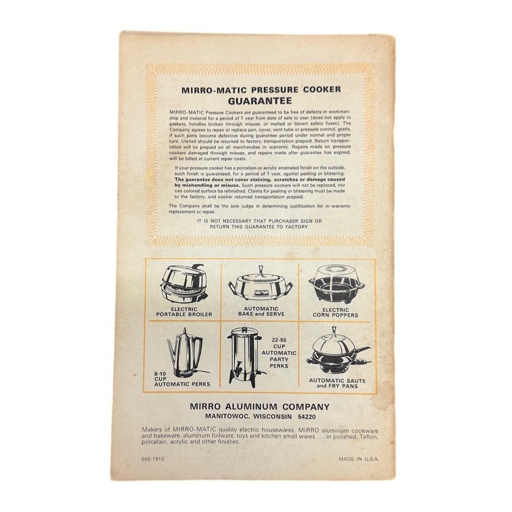 Mirro-Matic Speed Pressure Cooker Directions Recipes Timetables Cookbook 1972 | Finer Things Resale