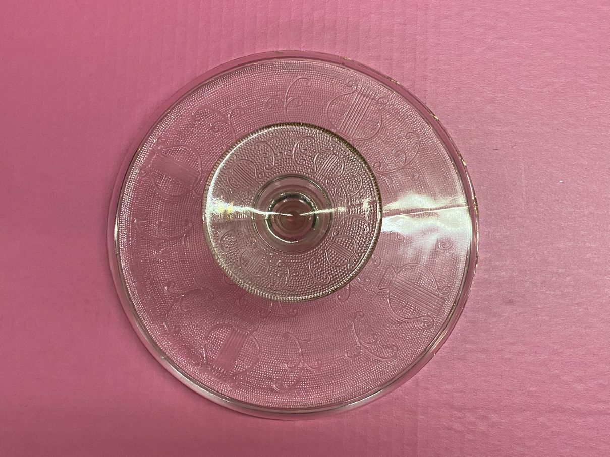 Jeannette Glass Harp pattern cake stand gold scallop edges Depression Glass | Finer Things Resale